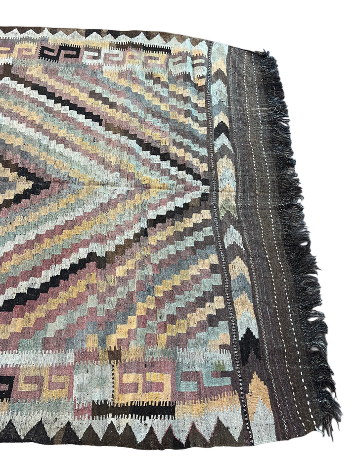 Muted Brown &amp; Sage Geometric Kilim Rug – 7’3” x 10’6”