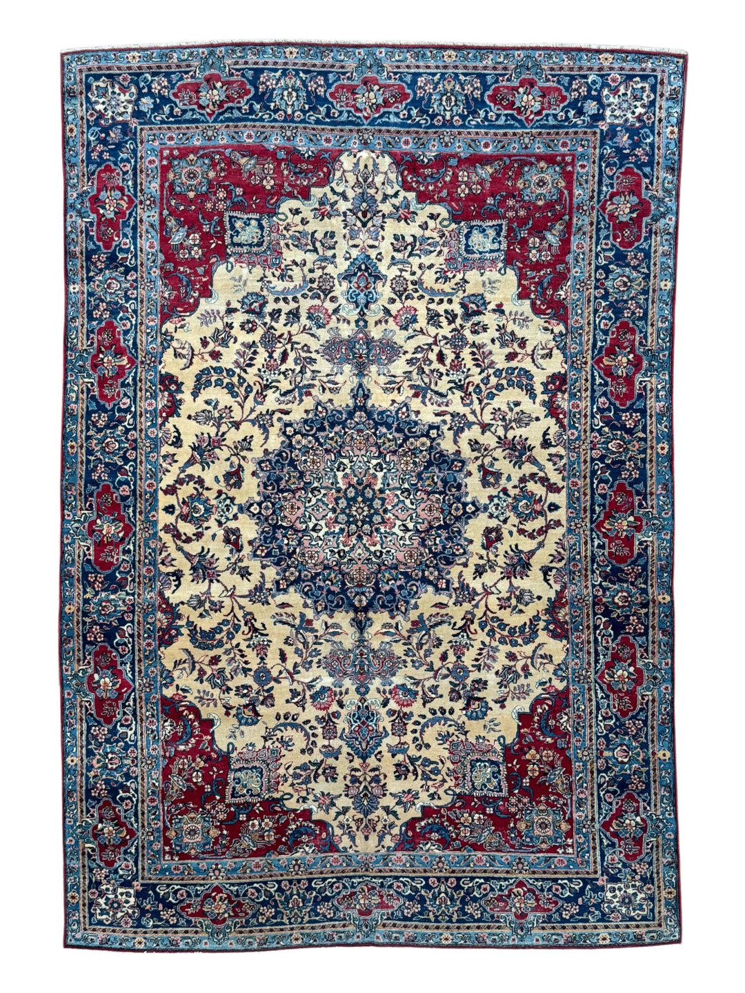 Ivory, Deep Blue &amp; Burgundy European Kerman Rug – 6’7” x 9’8”, circa 1960