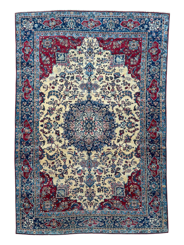 Ivory, Deep Blue &amp; Burgundy European Kerman Rug – 6’7” x 9’8”, circa 1960