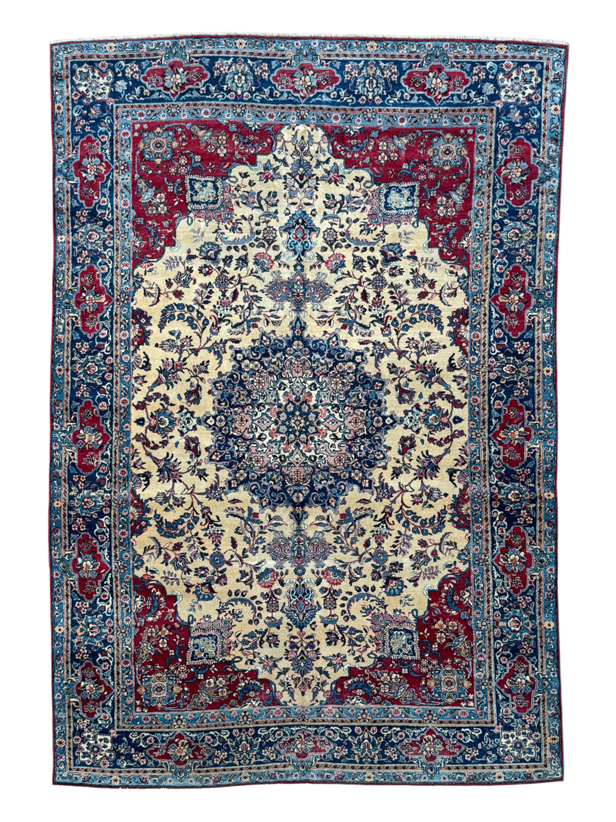 Ivory, Deep Blue & Burgundy European Kerman Rug – 6’7” x 9’8”, circa 1960