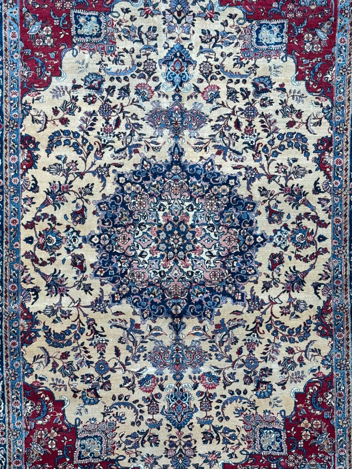Ivory, Deep Blue &amp; Burgundy European Kerman Rug – 6’7” x 9’8”, circa 1960