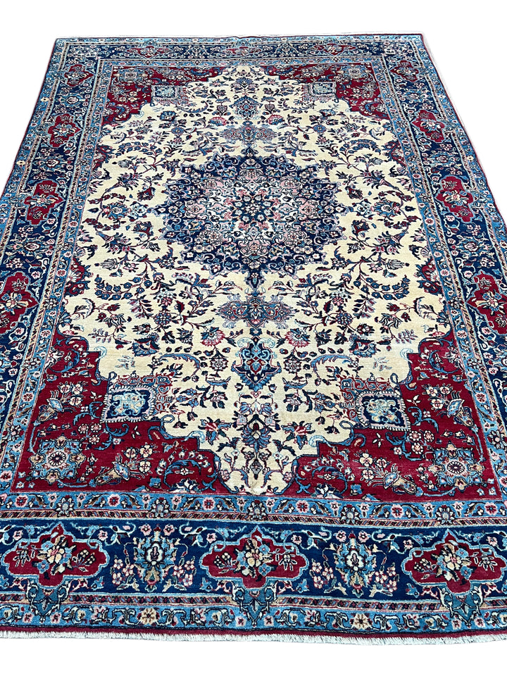 Ivory, Deep Blue &amp; Burgundy European Kerman Rug – 6’7” x 9’8”, circa 1960