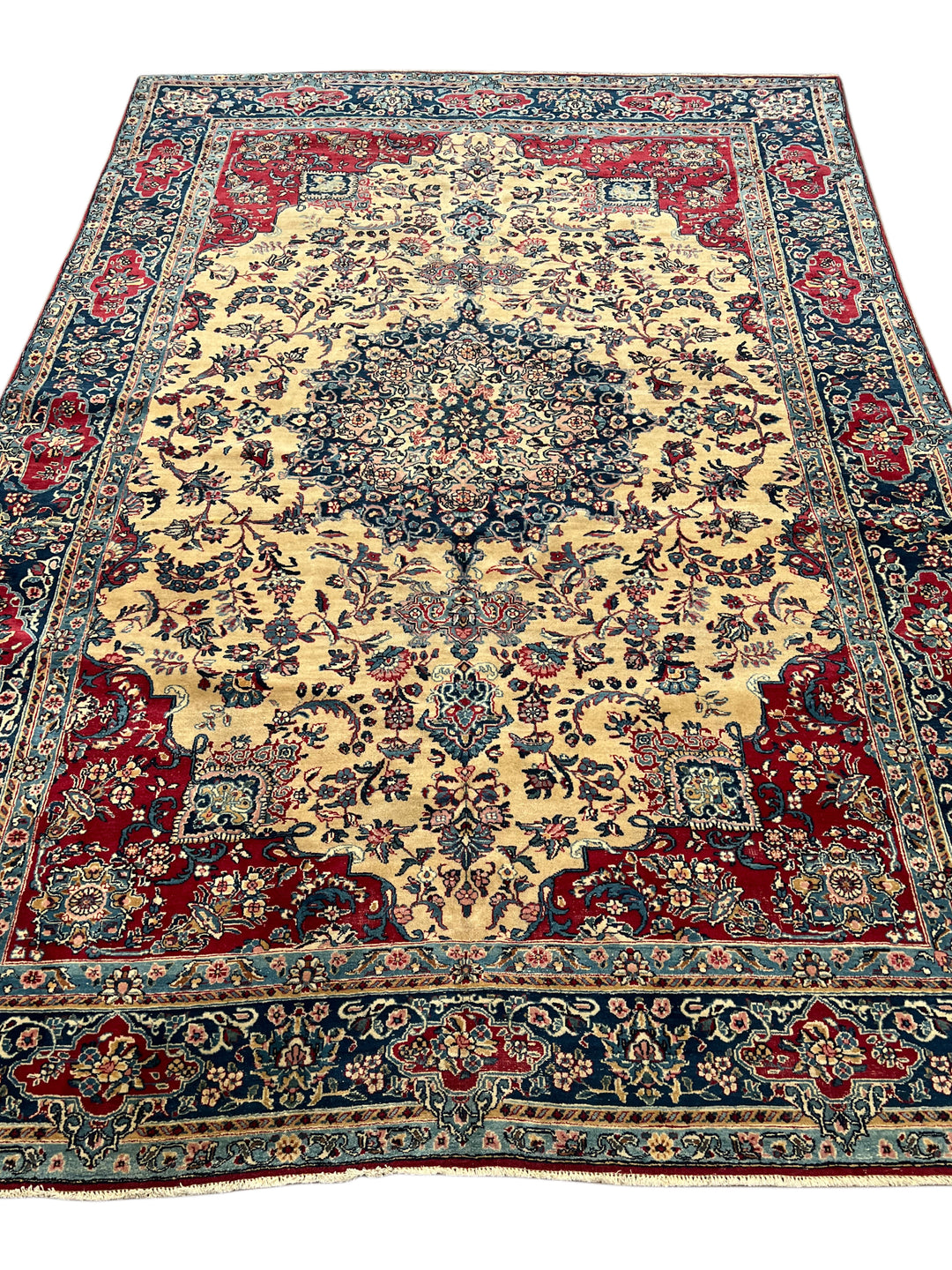 Ivory, Deep Blue &amp; Burgundy European Kerman Rug – 6’7” x 9’8”, circa 1960