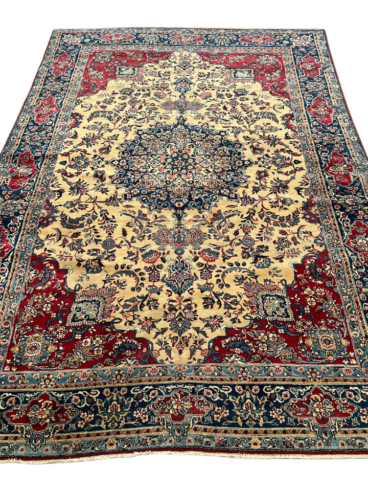 Ivory, Deep Blue &amp; Burgundy European Kerman Rug – 6’7” x 9’8”, circa 1960