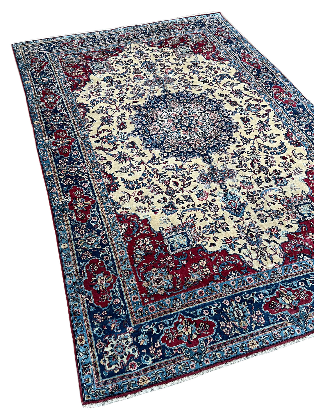 Ivory, Deep Blue &amp; Burgundy European Kerman Rug – 6’7” x 9’8”, circa 1960
