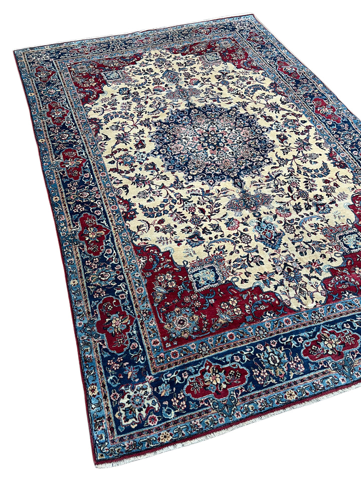 Ivory, Deep Blue &amp; Burgundy European Kerman Rug – 6’7” x 9’8”, circa 1960
