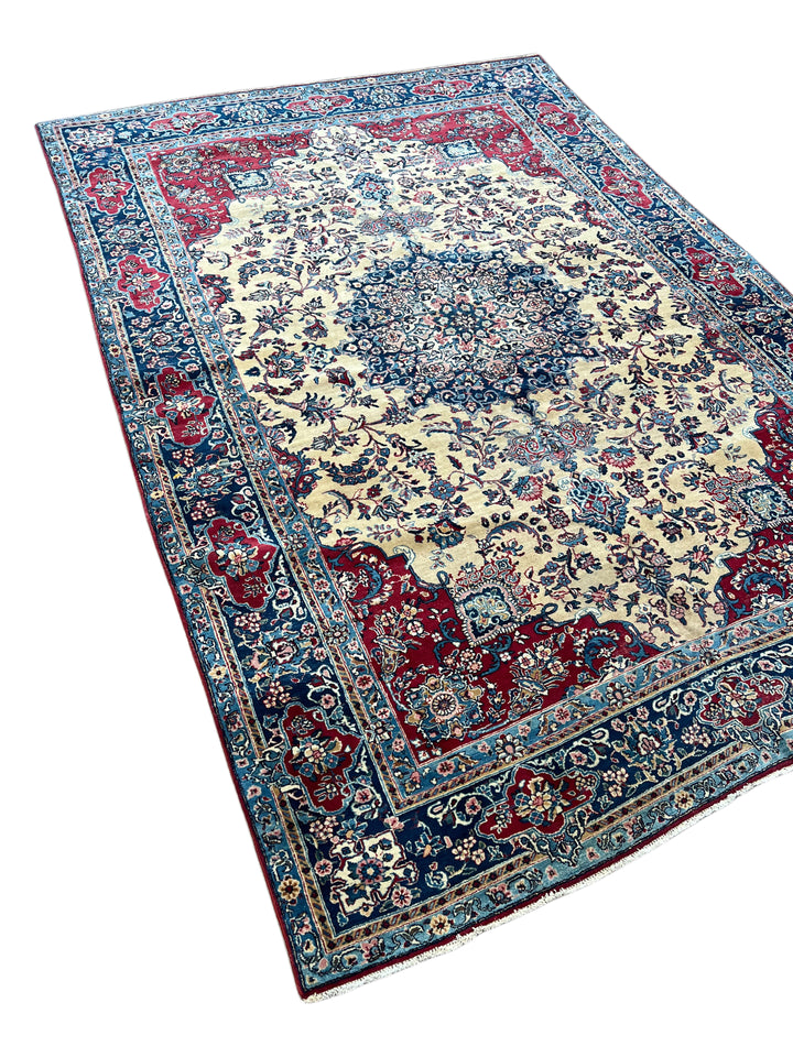 Ivory, Deep Blue &amp; Burgundy European Kerman Rug – 6’7” x 9’8”, circa 1960
