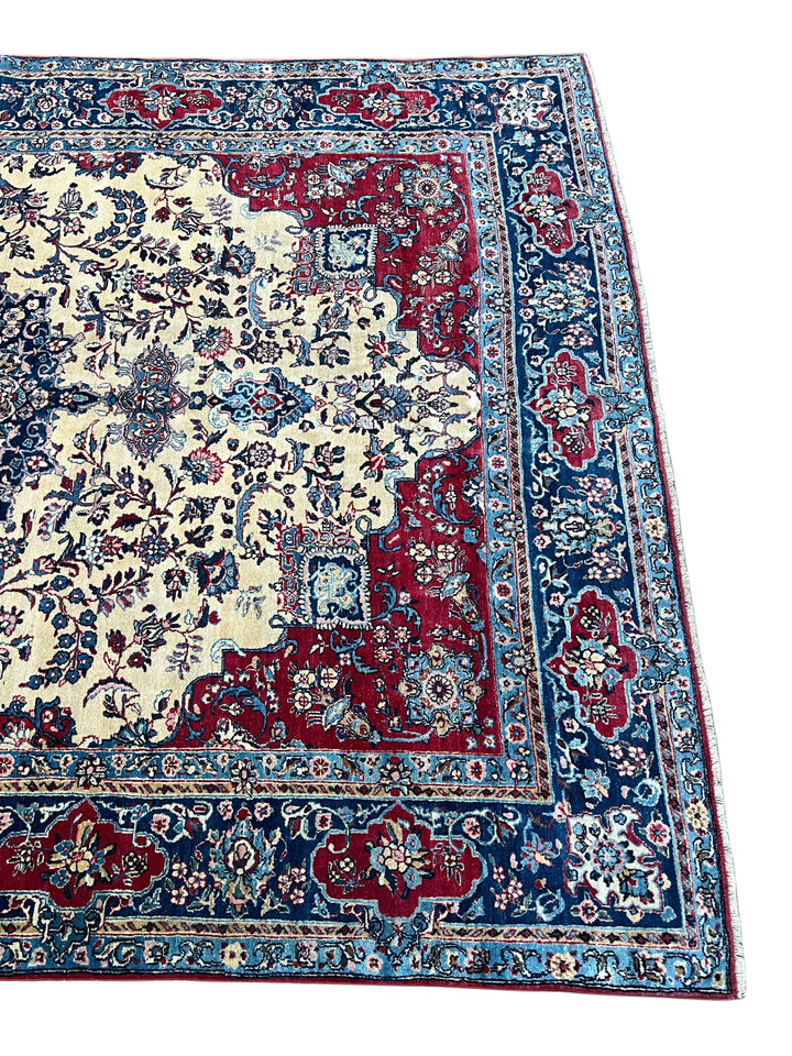 Ivory, Deep Blue &amp; Burgundy European Kerman Rug – 6’7” x 9’8”, circa 1960