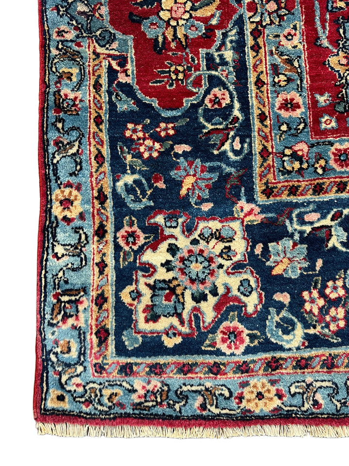 Ivory, Deep Blue &amp; Burgundy European Kerman Rug – 6’7” x 9’8”, circa 1960