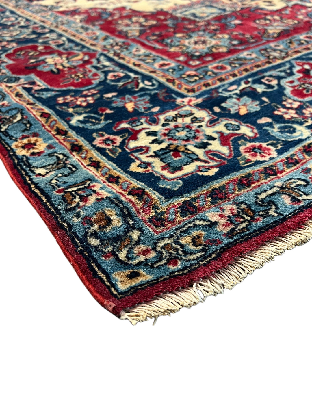 Ivory, Deep Blue &amp; Burgundy European Kerman Rug – 6’7” x 9’8”, circa 1960
