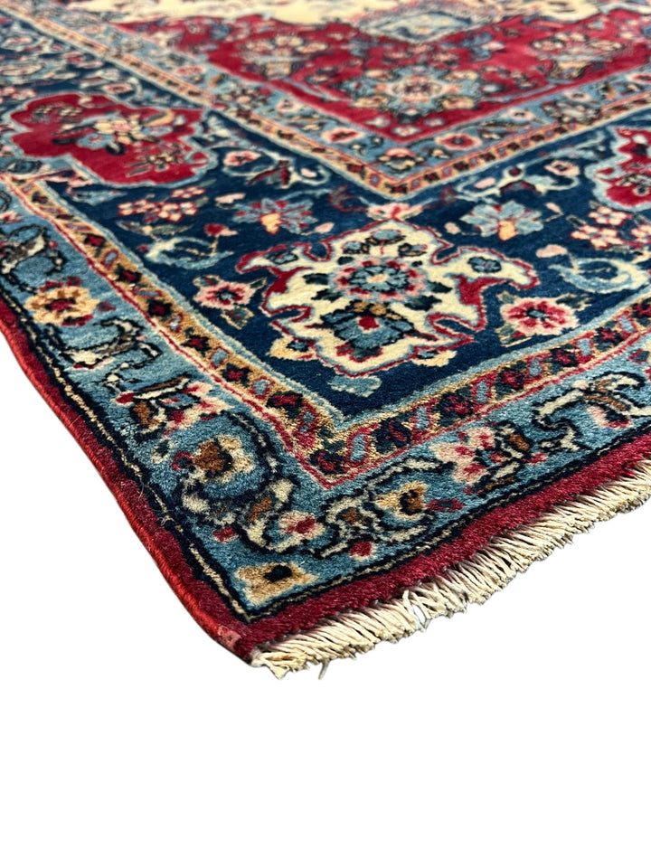 Ivory, Deep Blue &amp; Burgundy European Kerman Rug – 6’7” x 9’8”, circa 1960