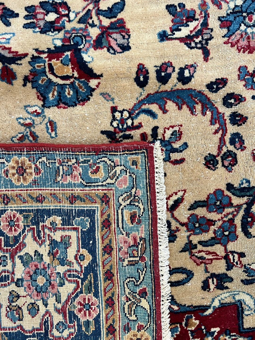 Ivory, Deep Blue &amp; Burgundy European Kerman Rug – 6’7” x 9’8”, circa 1960