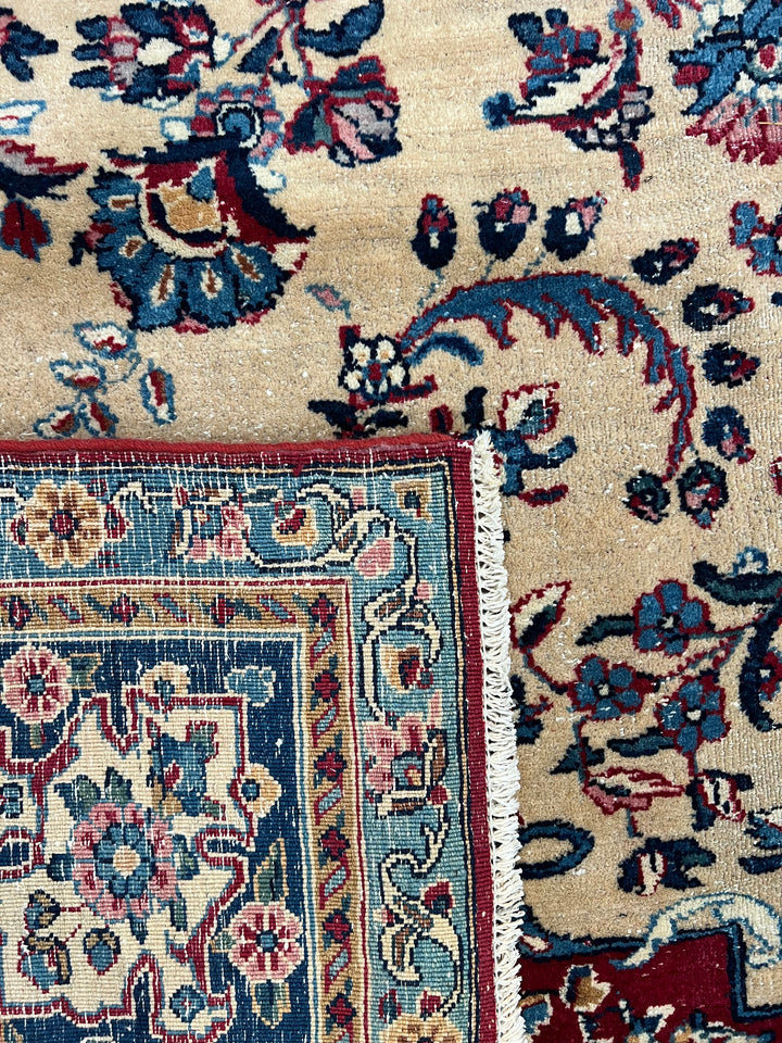 Ivory, Deep Blue &amp; Burgundy European Kerman Rug – 6’7” x 9’8”, circa 1960
