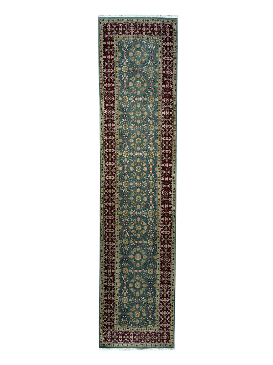 Teal Green &amp; Burgundy Agra Weave Kerman Style Runner Rug – 3’0” x 12’9”