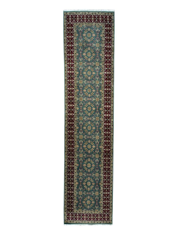 Teal Green &amp; Burgundy Agra Weave Kerman Style Runner Rug – 3’0” x 12’9”