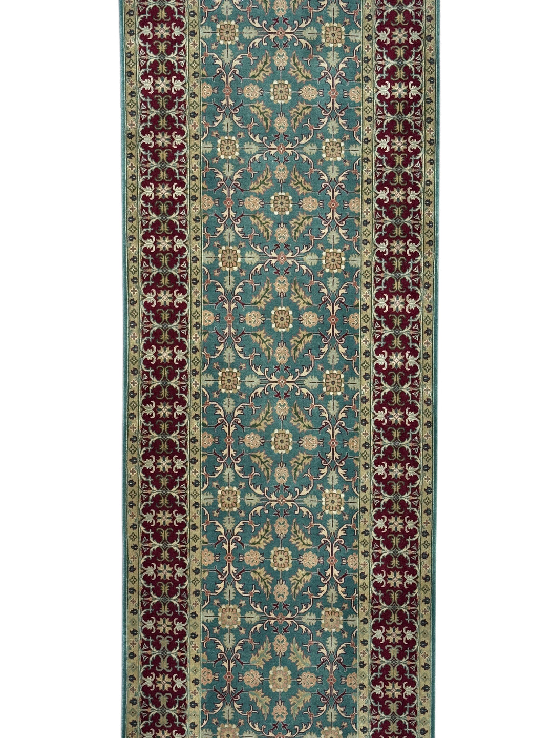 Teal Green &amp; Burgundy Agra Weave Kerman Style Runner Rug – 3’0” x 12’9”