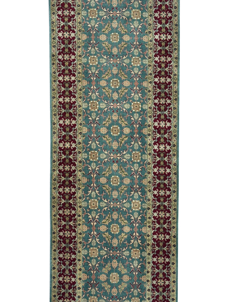 Teal Green &amp; Burgundy Agra Weave Kerman Style Runner Rug – 3’0” x 12’9”