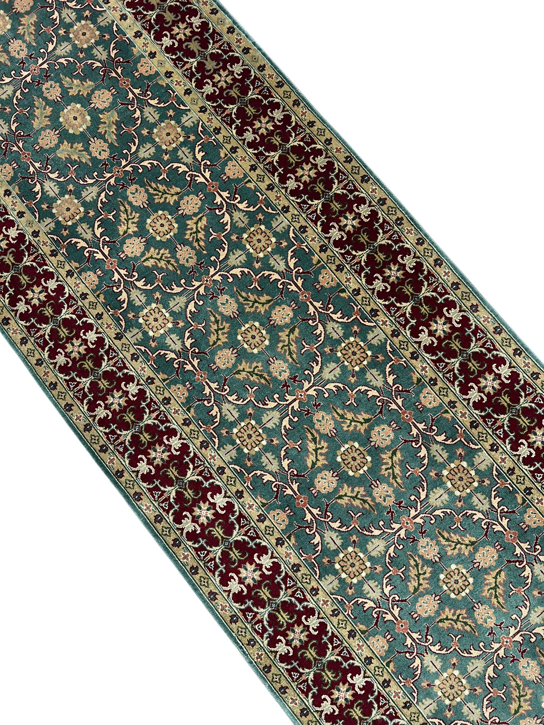 Teal Green &amp; Burgundy Agra Weave Kerman Style Runner Rug – 3’0” x 12’9”