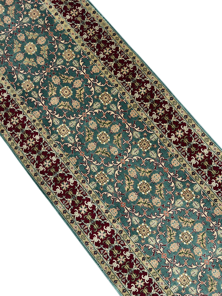 Teal Green &amp; Burgundy Agra Weave Kerman Style Runner Rug – 3’0” x 12’9”