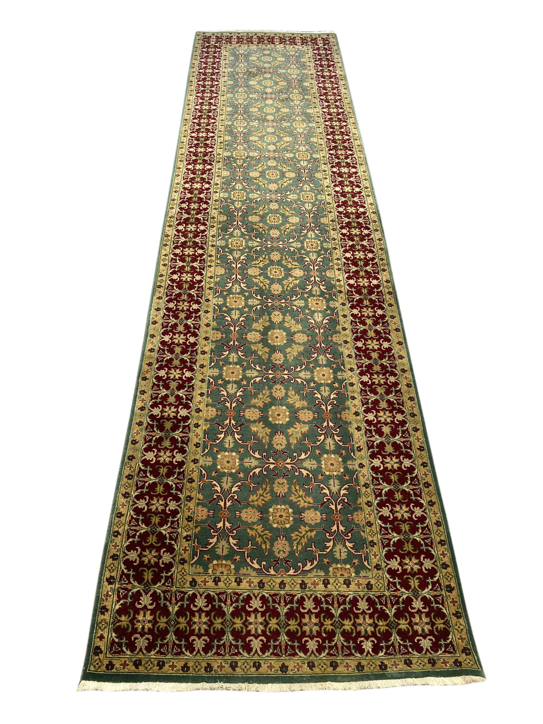 Teal Green &amp; Burgundy Agra Weave Kerman Style Runner Rug – 3’0” x 12’9”