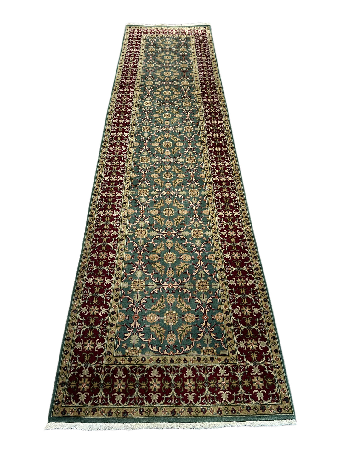 Teal Green &amp; Burgundy Agra Weave Kerman Style Runner Rug – 3’0” x 12’9”