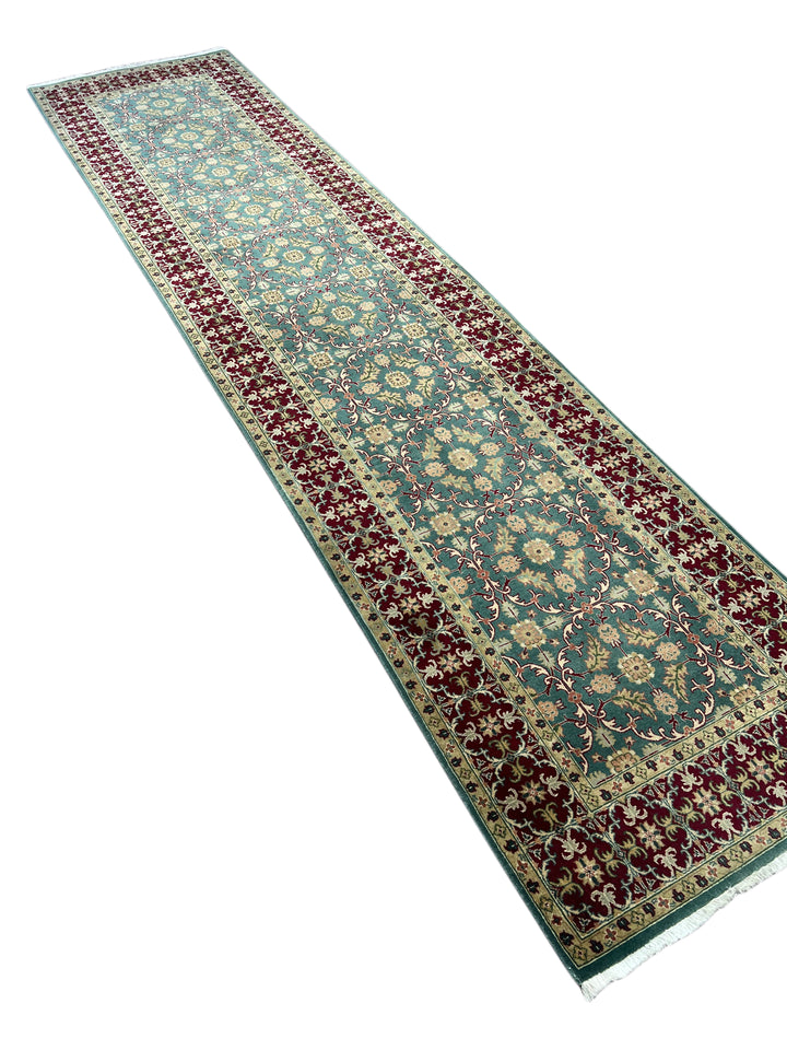 Teal Green &amp; Burgundy Agra Weave Kerman Style Runner Rug – 3’0” x 12’9”