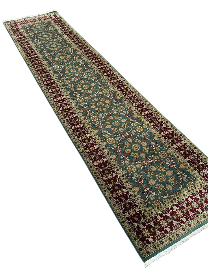 Teal Green &amp; Burgundy Agra Weave Kerman Style Runner Rug – 3’0” x 12’9”