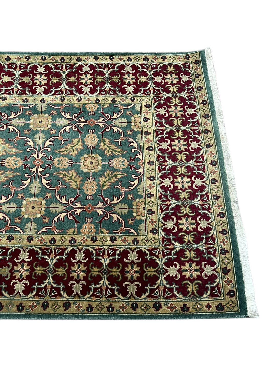 Teal Green &amp; Burgundy Agra Weave Kerman Style Runner Rug – 3’0” x 12’9”