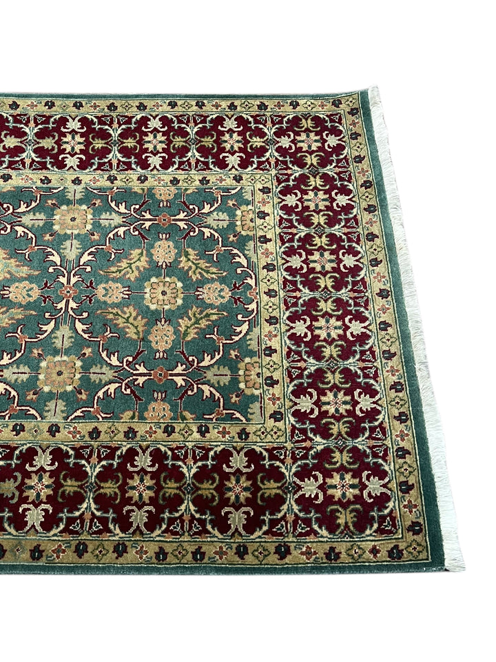 Teal Green &amp; Burgundy Agra Weave Kerman Style Runner Rug – 3’0” x 12’9”