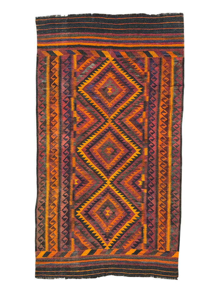 Burnt Orange &amp; Burgundy Geometric Vintage Kilim Rug – 6.6’ x 11.9’, circa 1970