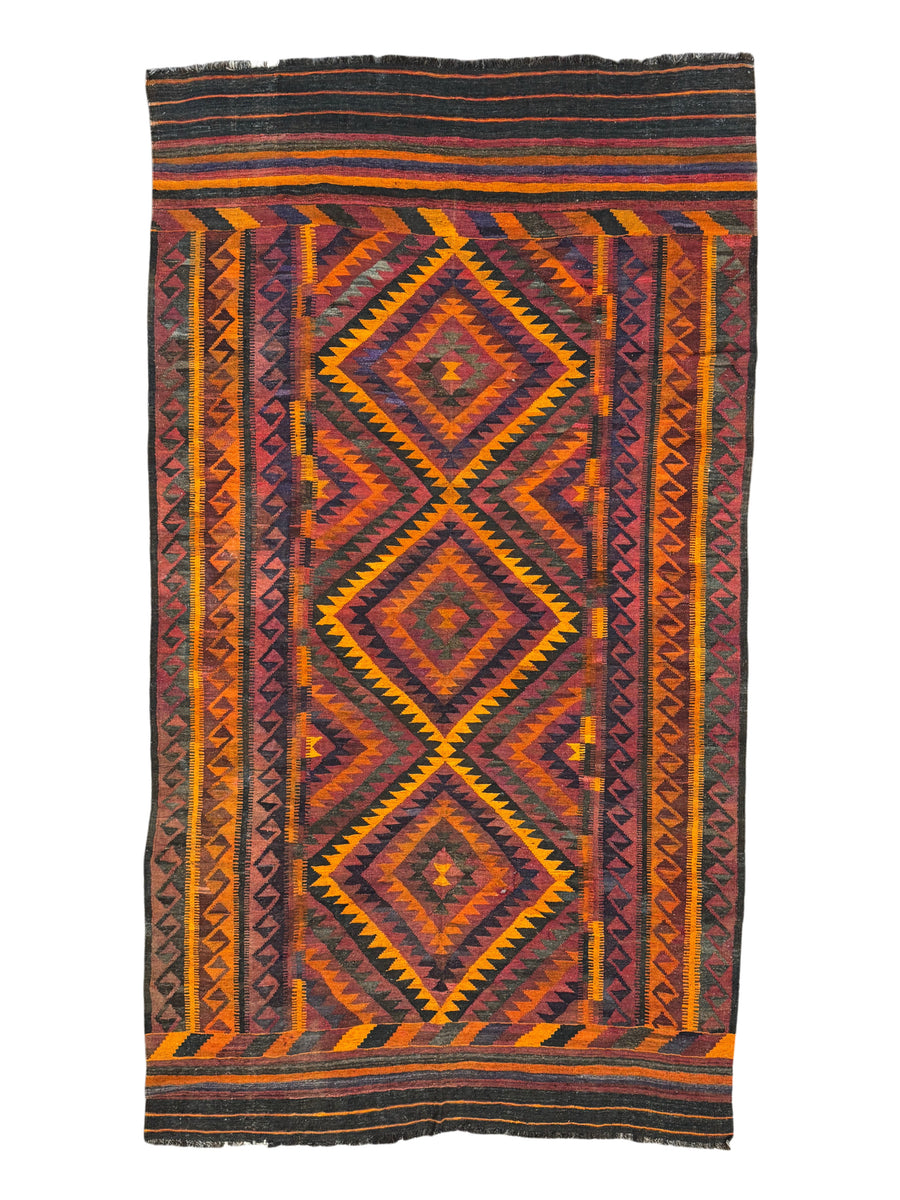Burnt Orange & Burgundy Geometric Vintage Kilim Rug – 6.6’ x 11.9’, circa 1970