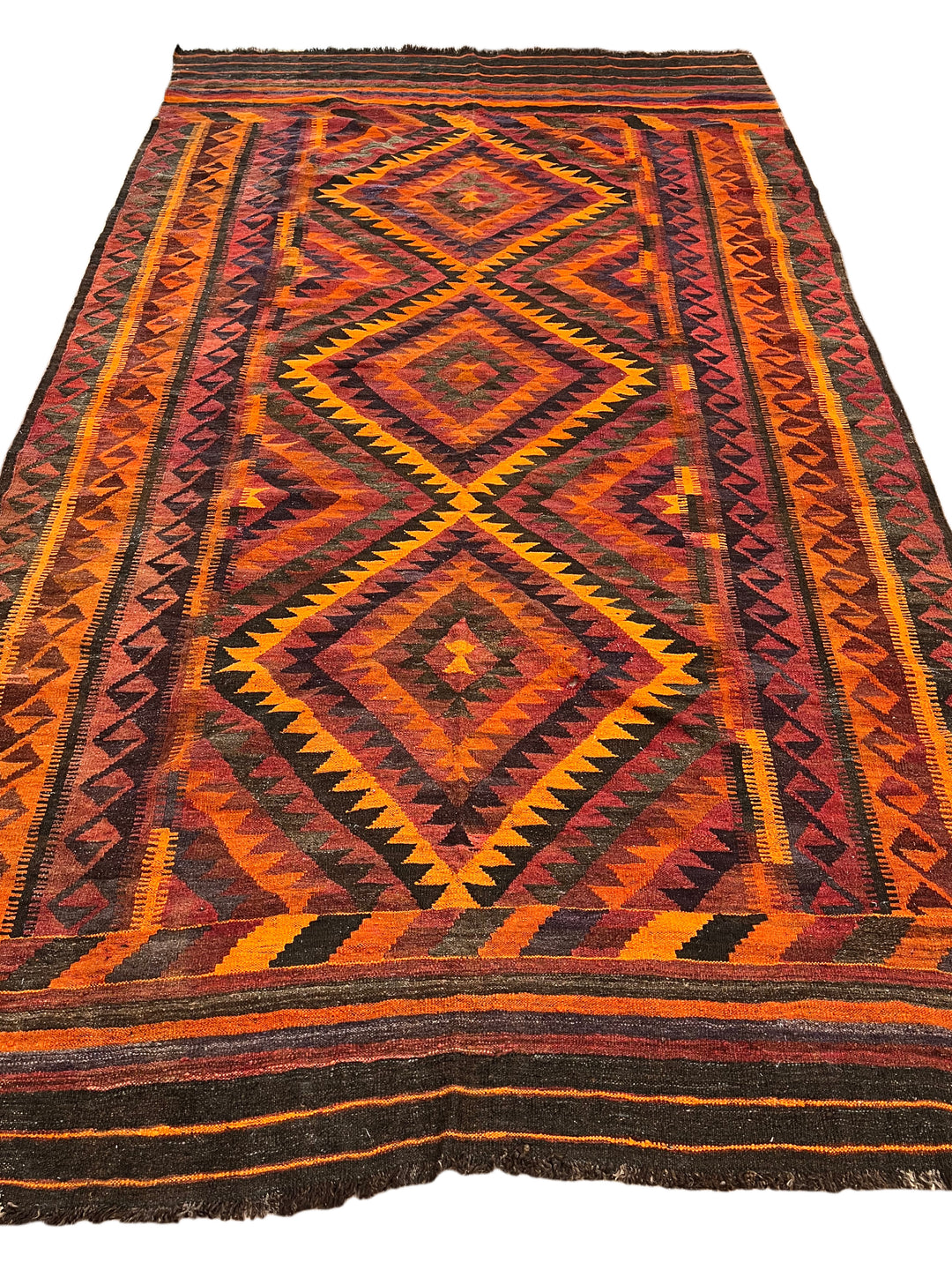 Burnt Orange &amp; Burgundy Geometric Vintage Kilim Rug – 6.6’ x 11.9’, circa 1970