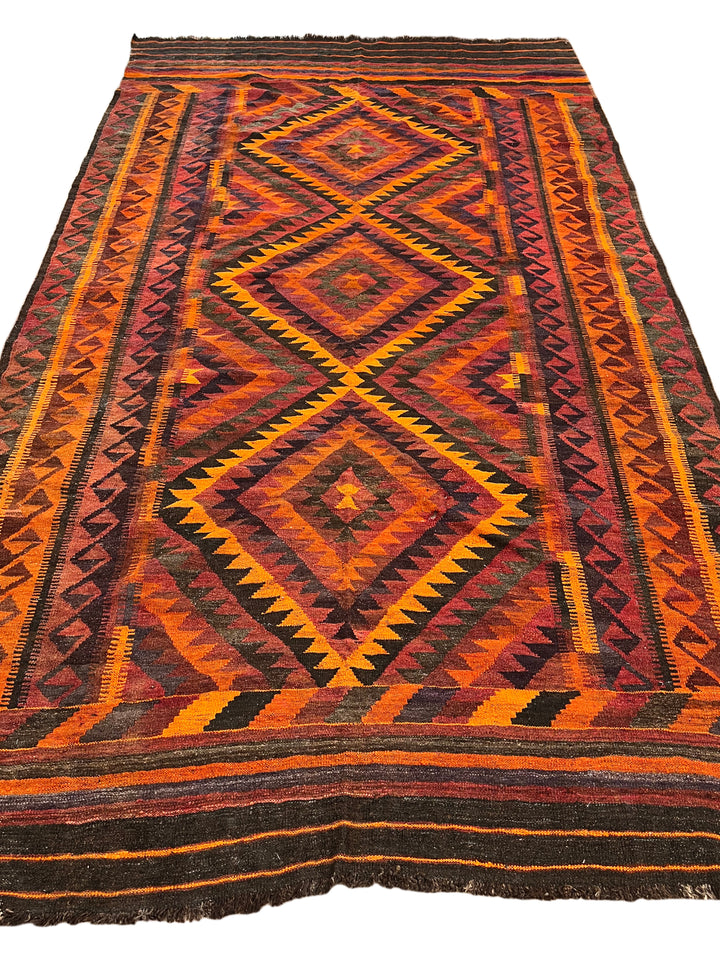 Burnt Orange &amp; Burgundy Geometric Vintage Kilim Rug – 6.6’ x 11.9’, circa 1970