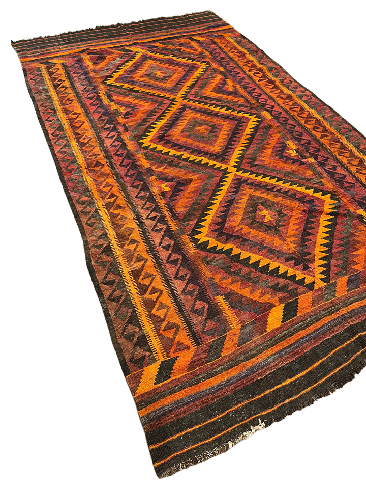 Burnt Orange &amp; Burgundy Geometric Vintage Kilim Rug – 6.6’ x 11.9’, circa 1970