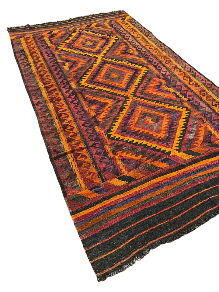 Burnt Orange &amp; Burgundy Geometric Vintage Kilim Rug – 6.6’ x 11.9’, circa 1970