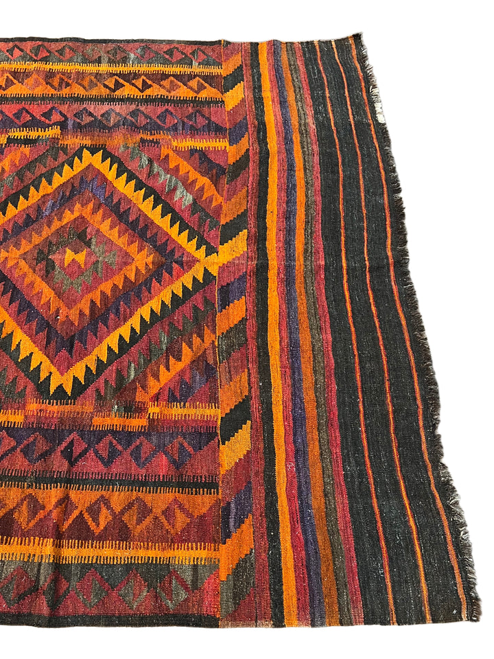 Burnt Orange &amp; Burgundy Geometric Vintage Kilim Rug – 6.6’ x 11.9’, circa 1970