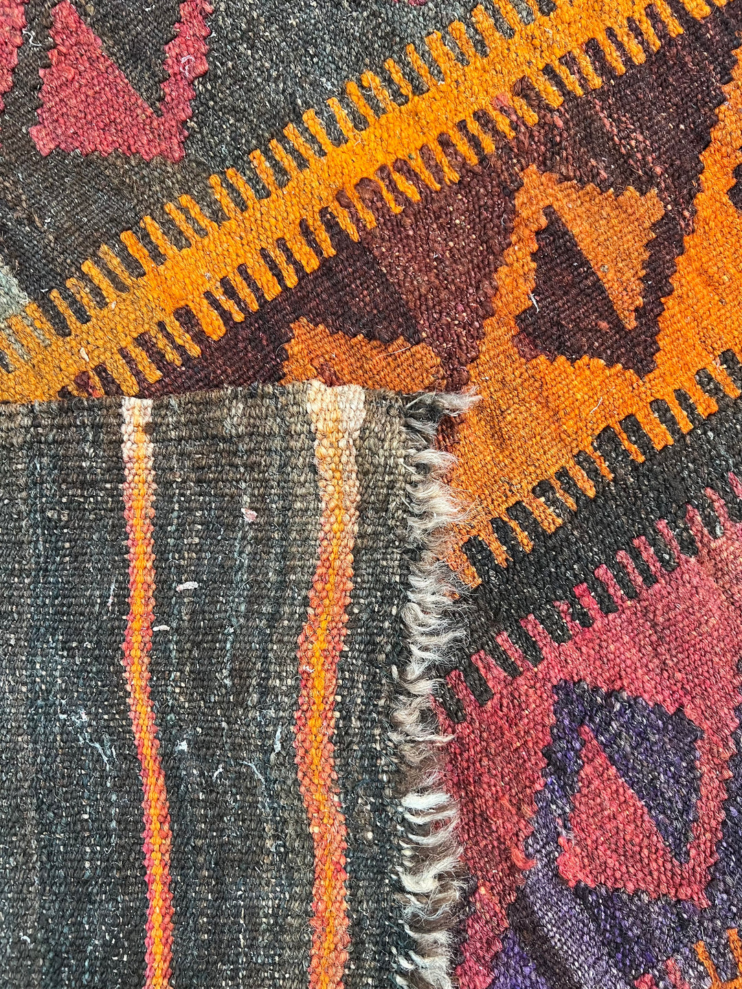Burnt Orange &amp; Burgundy Geometric Vintage Kilim Rug – 6.6’ x 11.9’, circa 1970