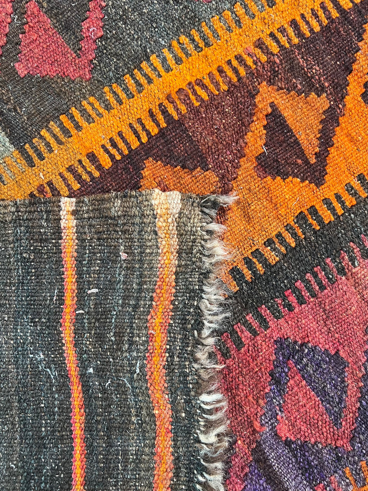 Burnt Orange &amp; Burgundy Geometric Vintage Kilim Rug – 6.6’ x 11.9’, circa 1970
