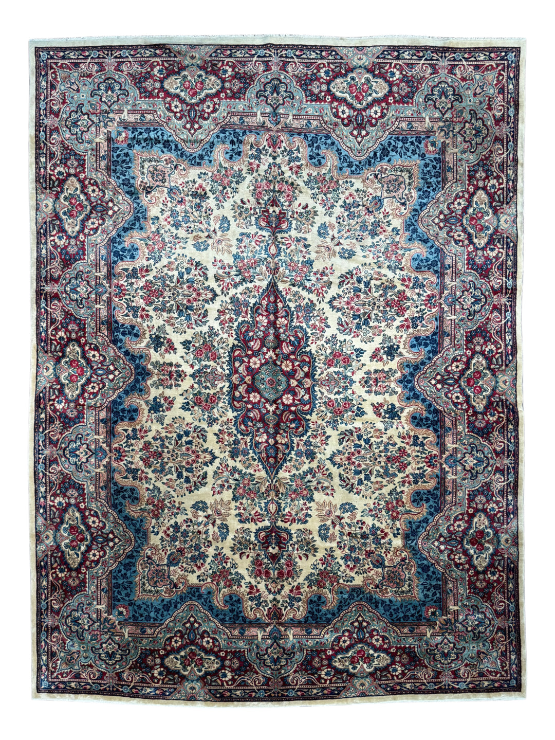 Ivory, Burgundy &amp; Blue Floral Vintage Kerman Rug – 8.10’ x 12.1’, circa 1960