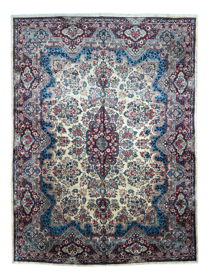 Ivory, Burgundy &amp; Blue Floral Vintage Kerman Rug – 8.10’ x 12.1’, circa 1960