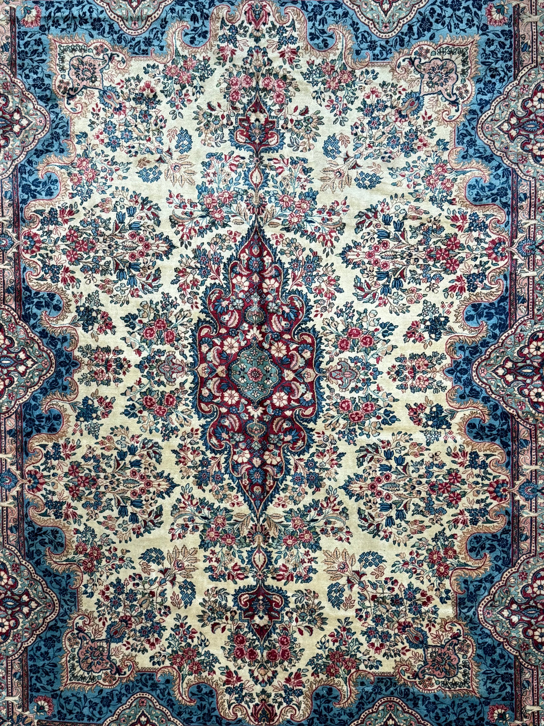 Ivory, Burgundy &amp; Blue Floral Vintage Kerman Rug – 8.10’ x 12.1’, circa 1960
