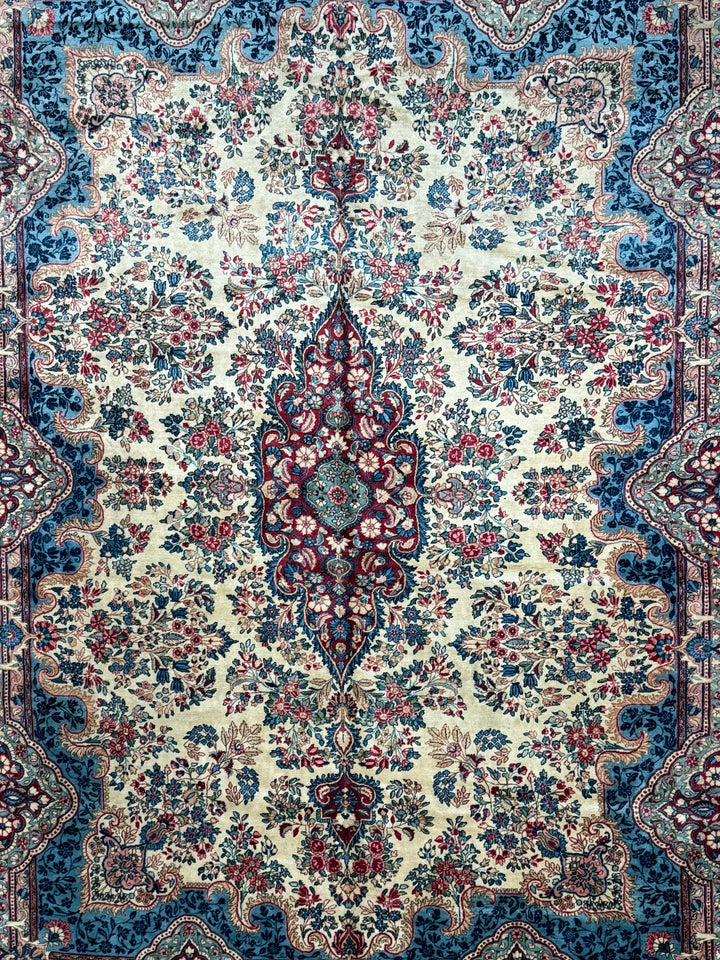 Ivory, Burgundy &amp; Blue Floral Vintage Kerman Rug – 8.10’ x 12.1’, circa 1960