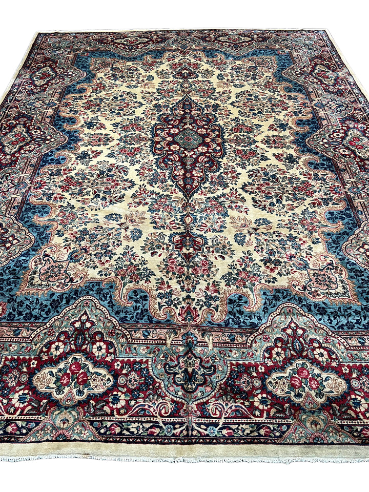 Ivory, Burgundy &amp; Blue Floral Vintage Kerman Rug – 8.10’ x 12.1’, circa 1960