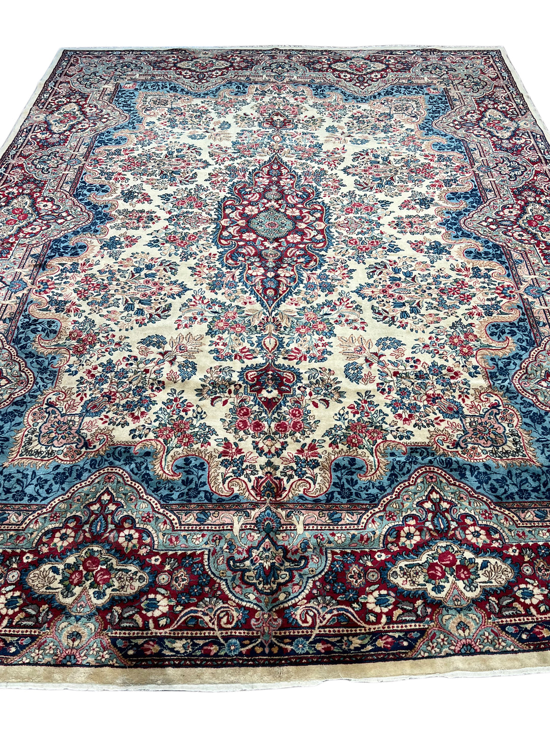 Ivory, Burgundy &amp; Blue Floral Vintage Kerman Rug – 8.10’ x 12.1’, circa 1960