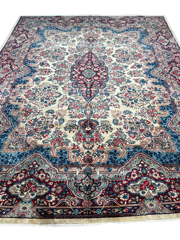 Ivory, Burgundy &amp; Blue Floral Vintage Kerman Rug – 8.10’ x 12.1’, circa 1960