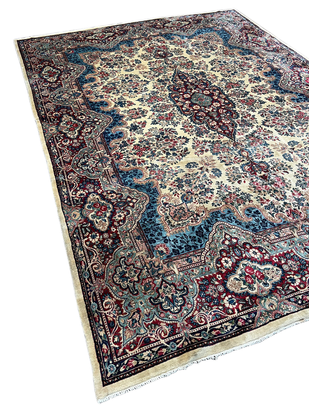 Ivory, Burgundy &amp; Blue Floral Vintage Kerman Rug – 8.10’ x 12.1’, circa 1960