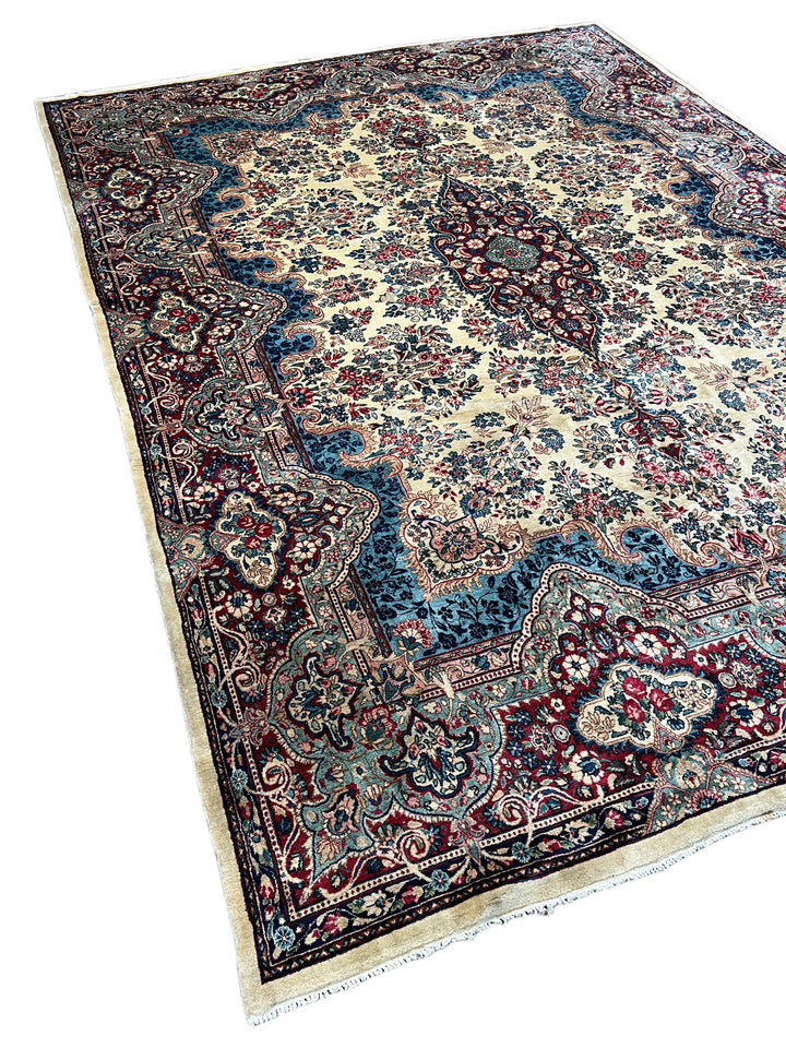 Ivory, Burgundy &amp; Blue Floral Vintage Kerman Rug – 8.10’ x 12.1’, circa 1960
