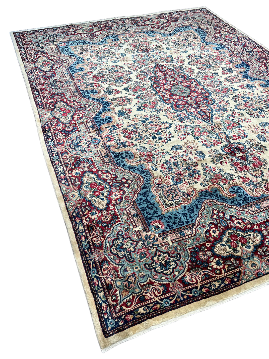 Ivory, Burgundy &amp; Blue Floral Vintage Kerman Rug – 8.10’ x 12.1’, circa 1960