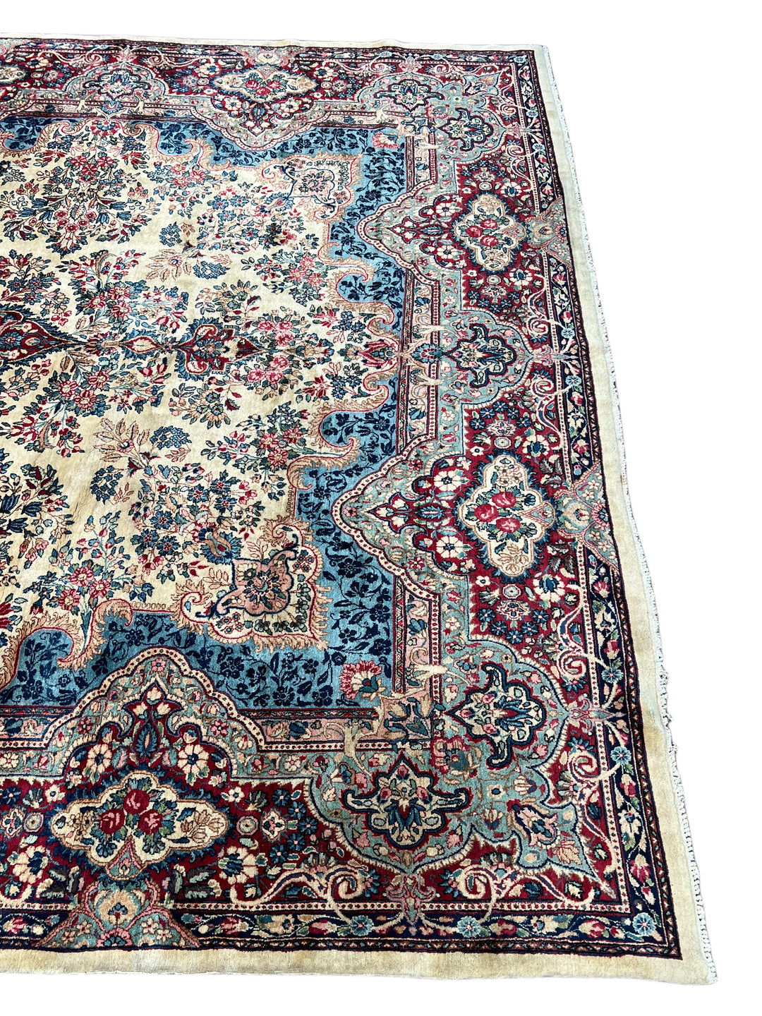 Ivory, Burgundy &amp; Blue Floral Vintage Kerman Rug – 8.10’ x 12.1’, circa 1960