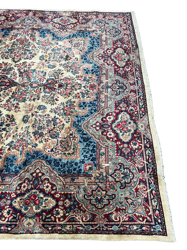 Ivory, Burgundy &amp; Blue Floral Vintage Kerman Rug – 8.10’ x 12.1’, circa 1960